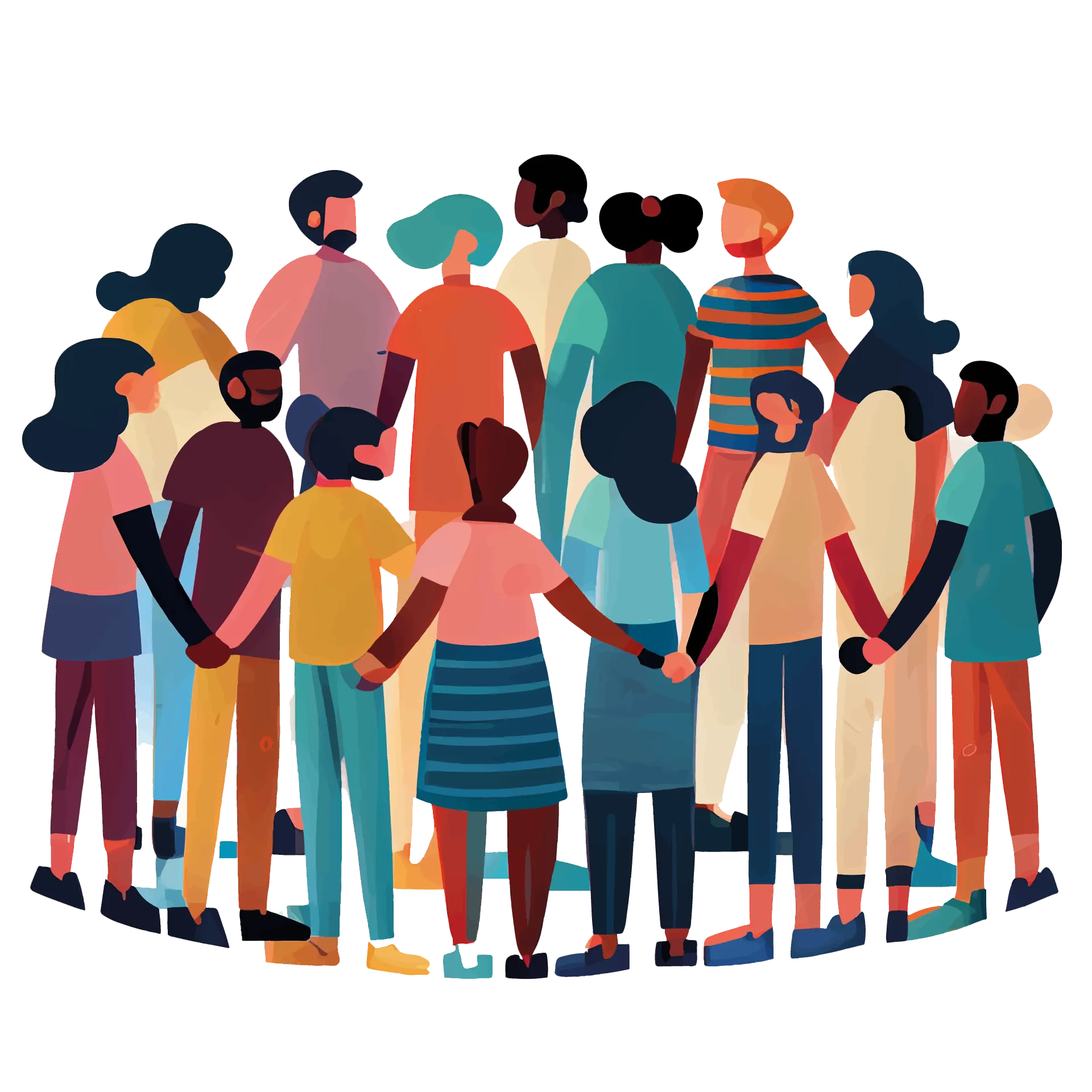 Illustration of a group of people standing in a circle holding hands