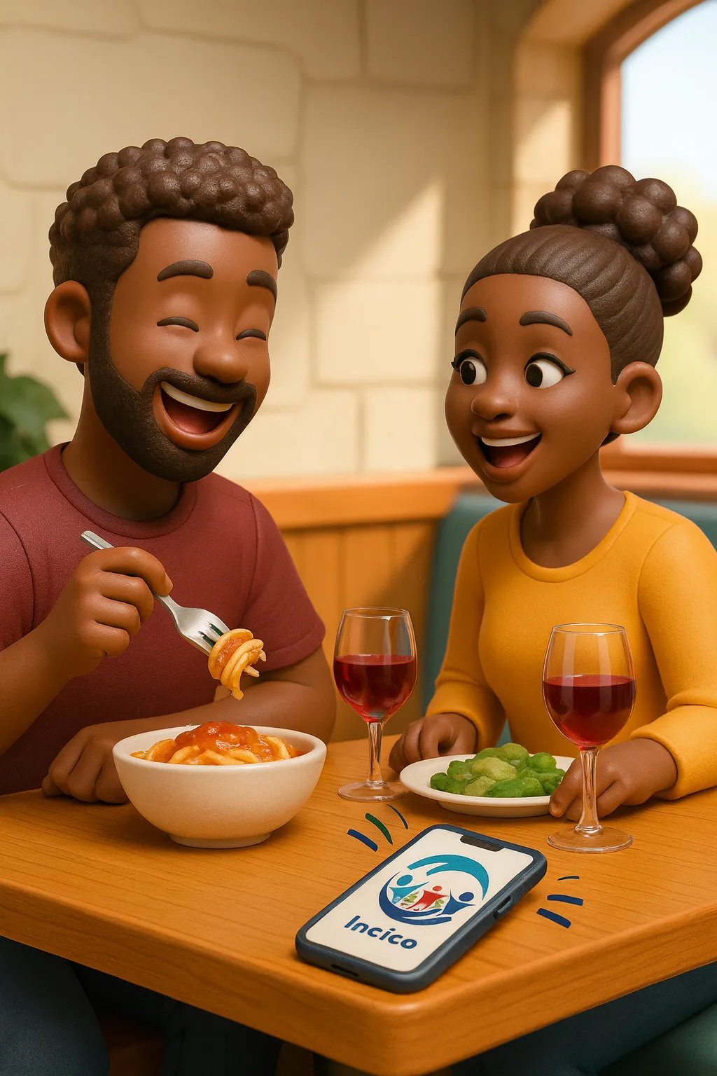 Two friends laughing over dinner with a phone showing the Incico logo on the table