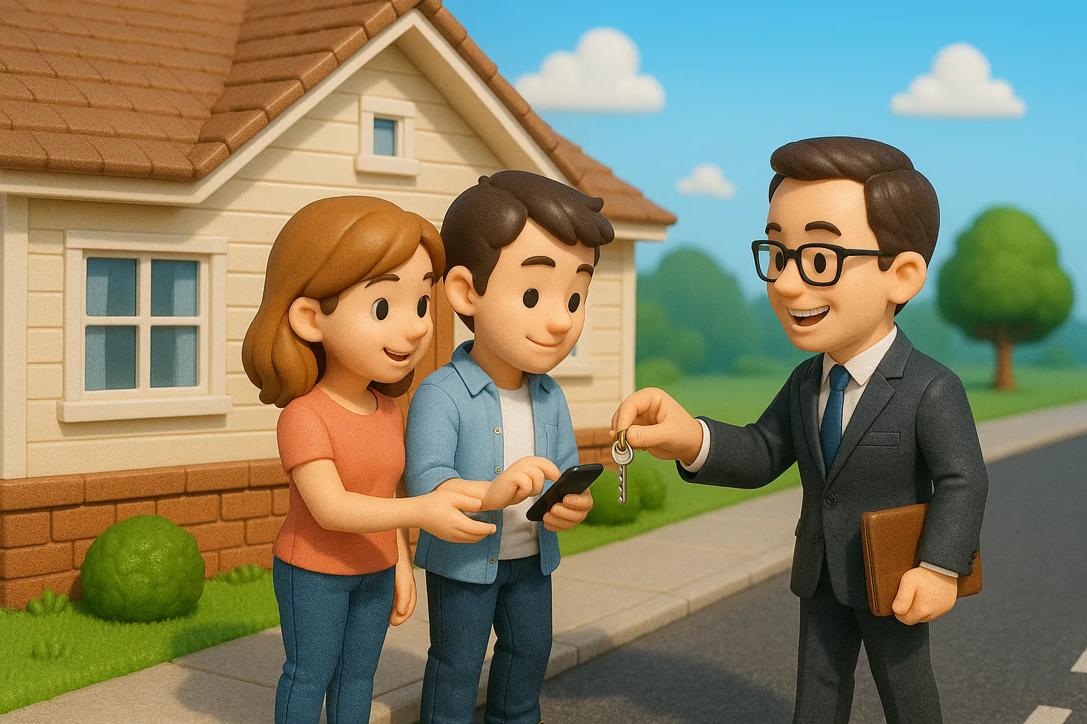 A couple receiving the keys to their new house while checking a phone