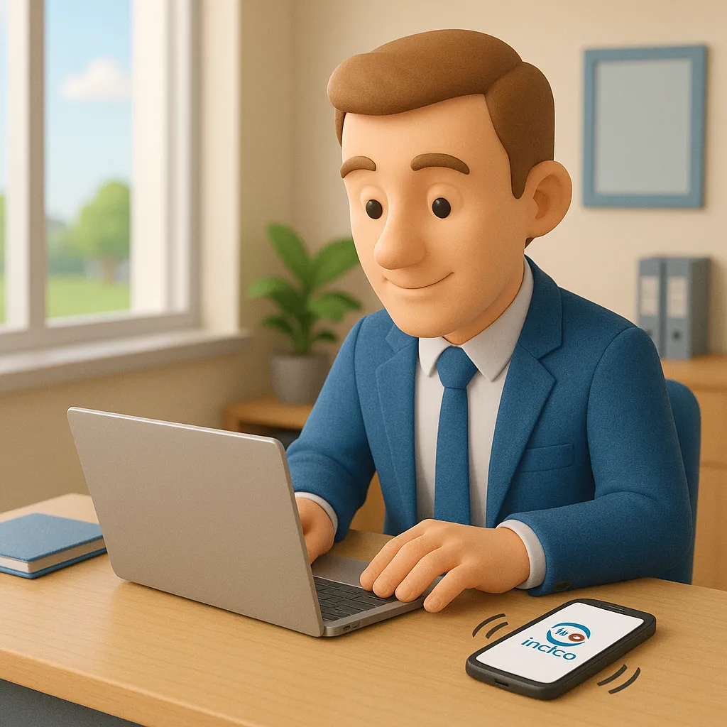 A man at his office desk with a laptop and a phone showing Incico